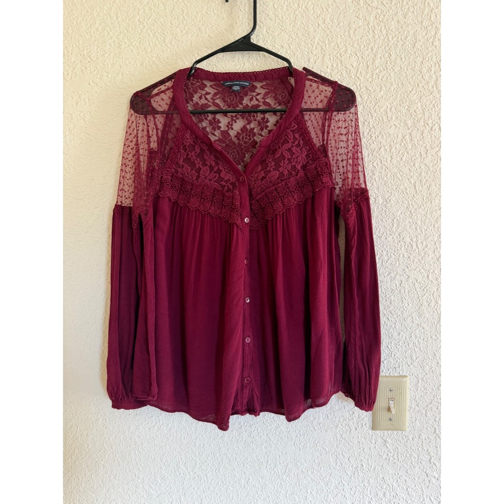 American Eagle Burgundy Lace Mesh Boho Button Front Blouse Womens Medium Maroon